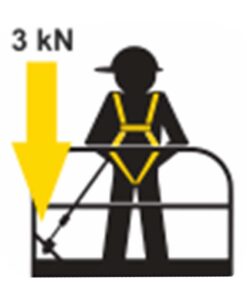 Kratos Safety – Herstellerdiagramm: Kraftbegrenzung auf 3 kN bei der Sicherung auf einer Arbeitsbühne