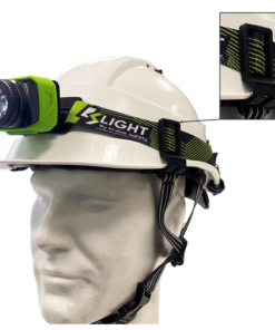 Stirnlampe mit Helmclips an einem Schutzhelm, Montagebeispiel