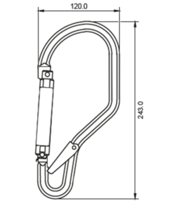 Kratos Safety – Maßzeichnung: Aluminiumkarabiner mit Automatikverschluss und Sperrhebel