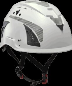 Kratos Safety – Reflektierende Aufkleber an einem weißen Schutzhelm, Seitenansicht